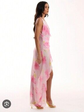 NWT Sheer Pink Floral Ruffle High-Low Maxi/Beach Cover